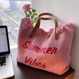Women Letters Canvas Embroidery Shoulder Messenger Tote Beach Bag