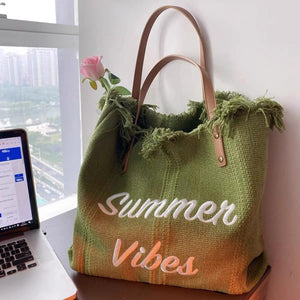 Women Letters Canvas Embroidery Shoulder Messenger Tote Beach Bag