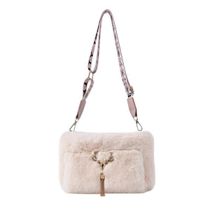 Plush Underarm Handbag with Chain Tassel for Women Girls
