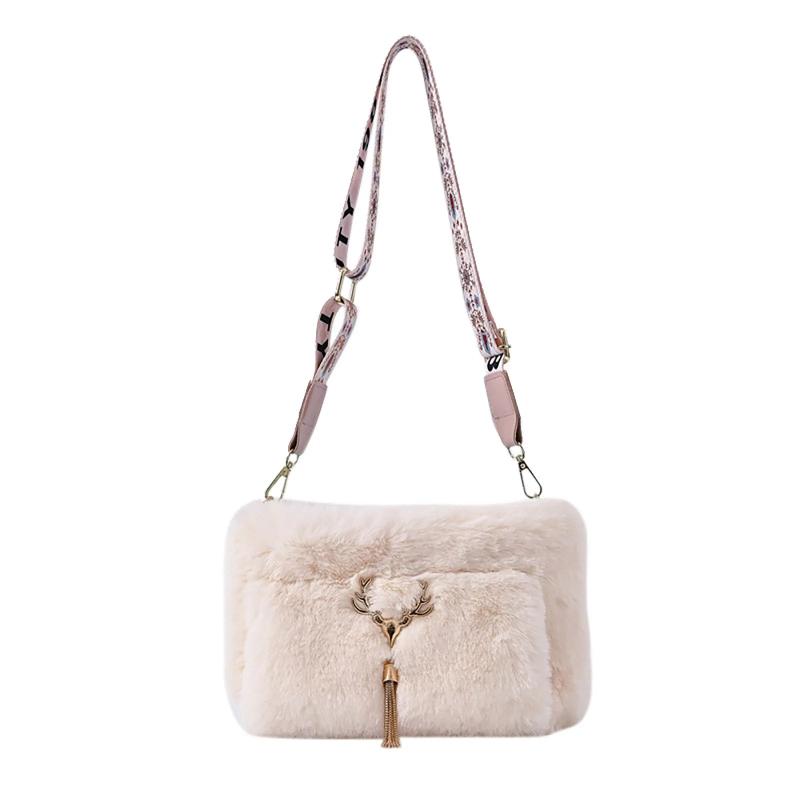 Plush Underarm Handbag with Chain Tassel for Women Girls