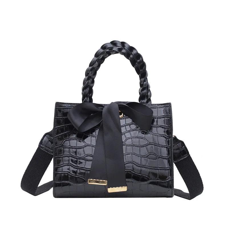 Crocodile Pattern Crossbody Bag with Bow Handbag