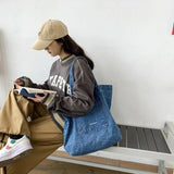 Denim Shoulder Tote Bag Solid Color Large Capacity Shopper Handbag