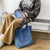 Denim Shoulder Tote Bag Solid Color Large Capacity Shopper Handbag
