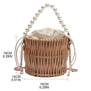 Women Rattan Bucket Shoulder Bag Tote Purse Handbag