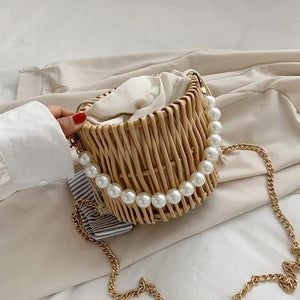 Women Rattan Bucket Shoulder Bag Tote Purse Handbag