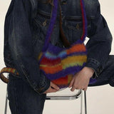 Rainbow Stripe Shoulder Shopping Bag Vintage Female Handbag