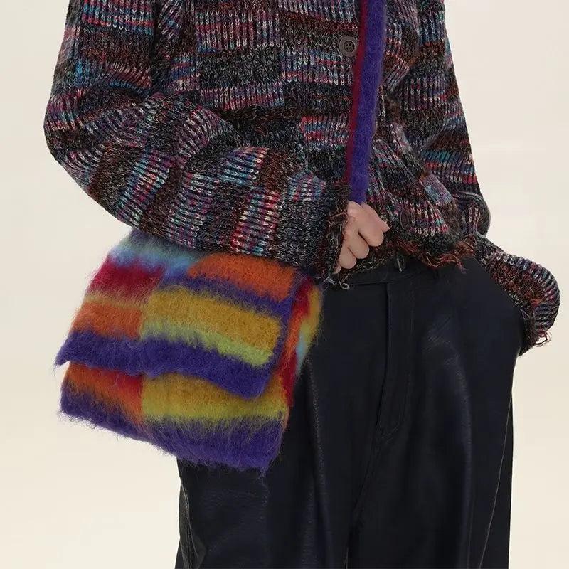 Rainbow Stripe Shoulder Shopping Bag Vintage Female Handbag