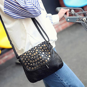 Soft Wash PU Leather Shoulder Bag for Women Rivet Handbag Crossbody Purse