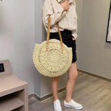 Straw Embossed Ladies Shoulder Bag Round Shape Casual Tote for Shopping