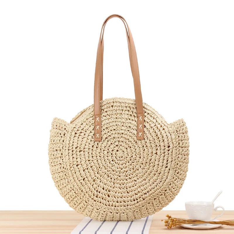 Half-Round Rattan Woven Straw Bag Crossbody Beach Handbag
