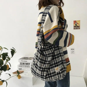 Plaid Women Shoulder Bag Soft Cloth Fabric Handbag Large Capacity Tote Canvas Ba