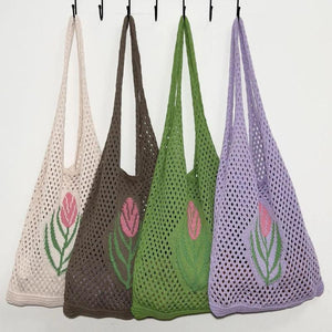 Women Knitted Handbag Soft Large Capacity Flower Mesh Pouch