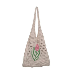 Women Knitted Handbag Soft Large Capacity Flower Mesh Pouch