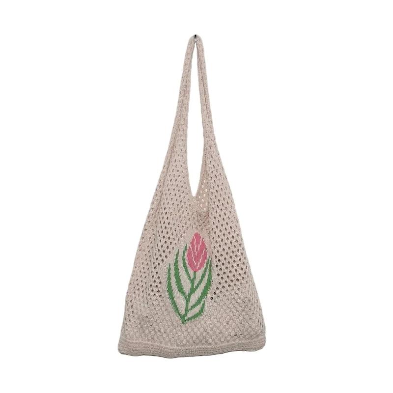 Women Knitted Handbag Soft Large Capacity Flower Mesh Pouch