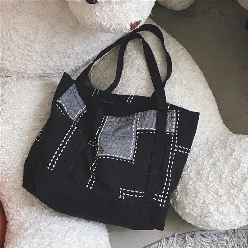 Casual Women's Canvas Shoulder Bag with Embroidery - Large Capacity Tote Handbag