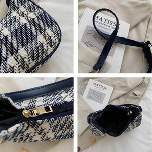 Plaid Canvas Women Bag PU Leather Crescent Shoulder Bag
