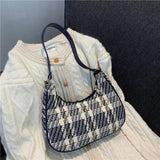 Plaid Canvas Women Bag PU Leather Crescent Shoulder Bag