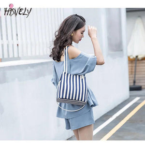 Casual Stripe Pattern Women's Handbag Canvas Bucket Bag Drawstring Beach Bag