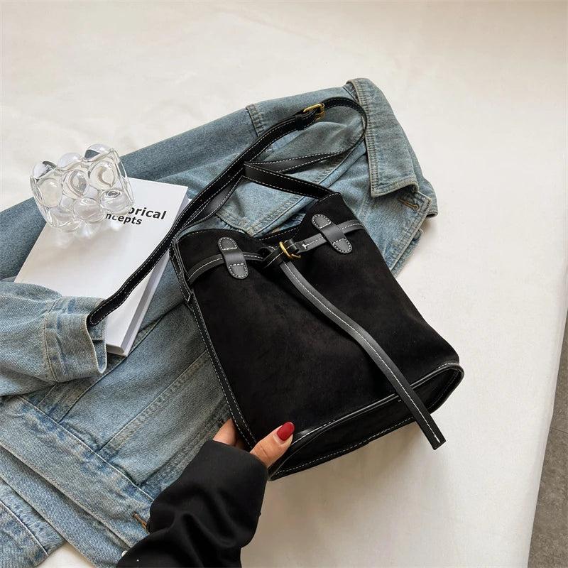Suede Crossbody Bag Women Shoulder Bag Bucket Drawstring Handbag