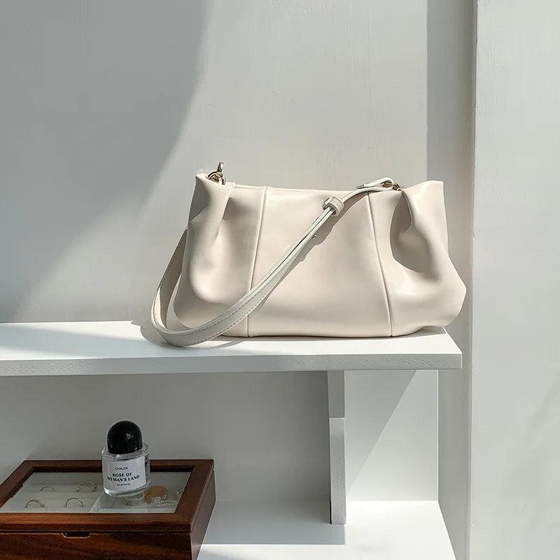 Pleated PU Leather Tote Bag for Women, Retro Crossbody Messenger Bag