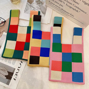 Vintage Plaid Knitted Pouch Tote Bag 80s Retro Granny Crochet Medium Size