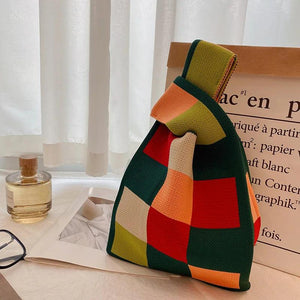 Vintage Plaid Knitted Pouch Tote Bag 80s Retro Granny Crochet Medium Size