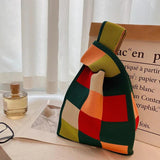 Vintage Plaid Knitted Pouch Tote Bag 80s Retro Granny Crochet Medium Size