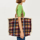 Women Bag Wool Vintage Plaid Tote Shoulder Handbags Zipper High-Capacity