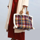 Women Bag Wool Vintage Plaid Tote Shoulder Handbags Zipper High-Capacity