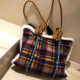 Women Bag Wool Vintage Plaid Tote Shoulder Handbags Zipper High-Capacity