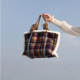 Women Bag Wool Vintage Plaid Tote Shoulder Handbags Zipper High-Capacity
