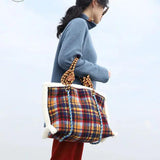 Women Bag Wool Vintage Plaid Tote Shoulder Handbags Zipper High-Capacity