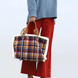 Women Bag Wool Vintage Plaid Tote Shoulder Handbags Zipper High-Capacity