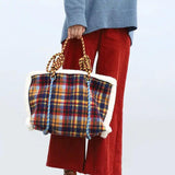 Women Bag Wool Vintage Plaid Tote Shoulder Handbags Zipper High-Capacity
