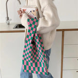 Checkered Tote Shoulder Bags Retro Weave Plaid Handbags Contrast Striped