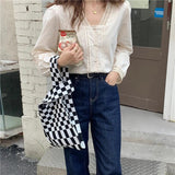 Checkered Tote Shoulder Bags Retro Weave Plaid Handbags Contrast Striped
