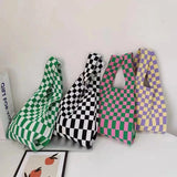 Checkered Tote Shoulder Bags Retro Weave Plaid Handbags Contrast Striped
