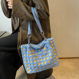 Plush Plaid Zipper Tote Bag for Women