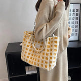 Plush Plaid Zipper Tote Bag for Women