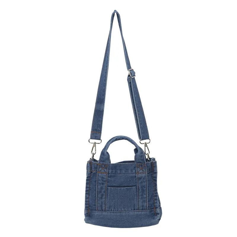 Small Denim Cloth Women Shoulder Bag Casual Tote Detachable Strap Zipper Purse