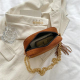 Corduroy Tassel Shoulder Bag with Chain Decoration