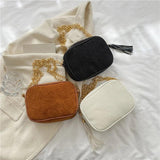 Corduroy Tassel Shoulder Bag with Chain Decoration