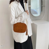 Corduroy Tassel Shoulder Bag with Chain Decoration