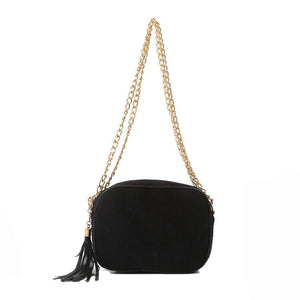 Corduroy Tassel Shoulder Bag with Chain Decoration