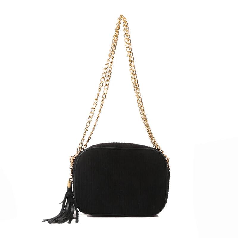 Corduroy Tassel Shoulder Bag with Chain Decoration