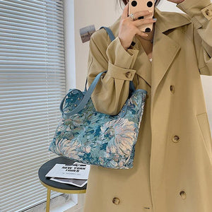 Oil Painting Canvas Tote Bag Retro Art Large Capacity Travel Bags Women