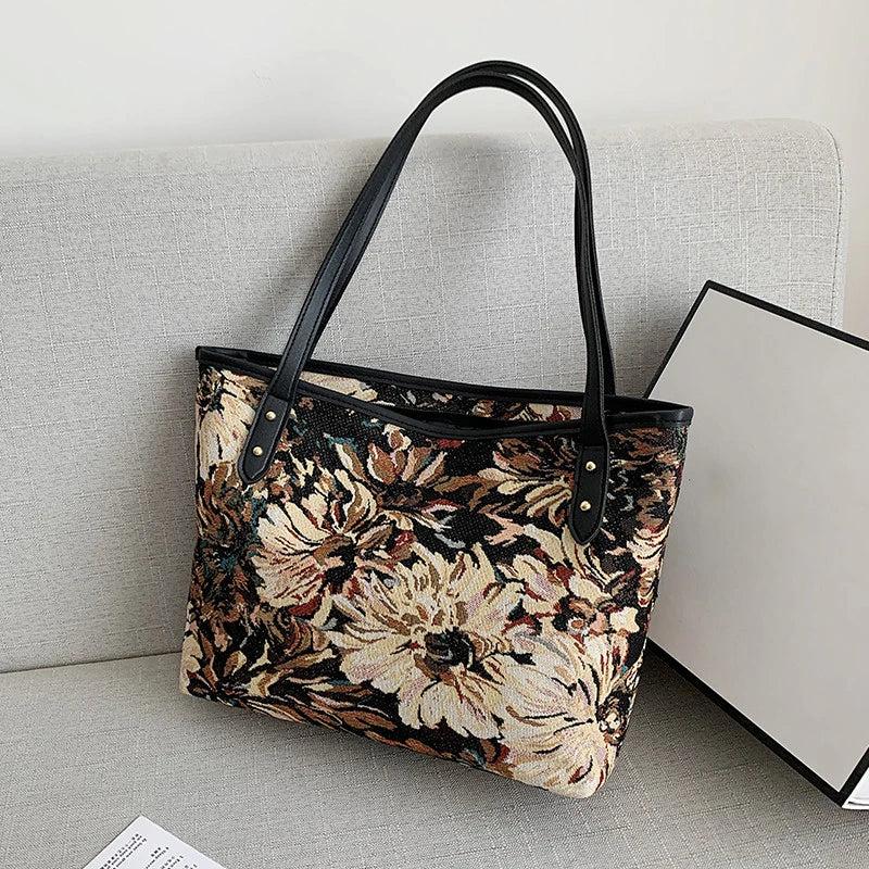 Oil Painting Canvas Tote Bag Retro Art Large Capacity Travel Bags Women