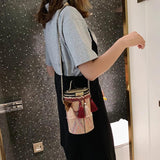 Straw Woven Bucket Bag Boho Tassel Chain Shoulder Messenger Clutch