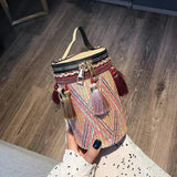 Straw Woven Bucket Bag Boho Tassel Chain Shoulder Messenger Clutch