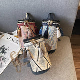 Straw Woven Bucket Bag Boho Tassel Chain Shoulder Messenger Clutch